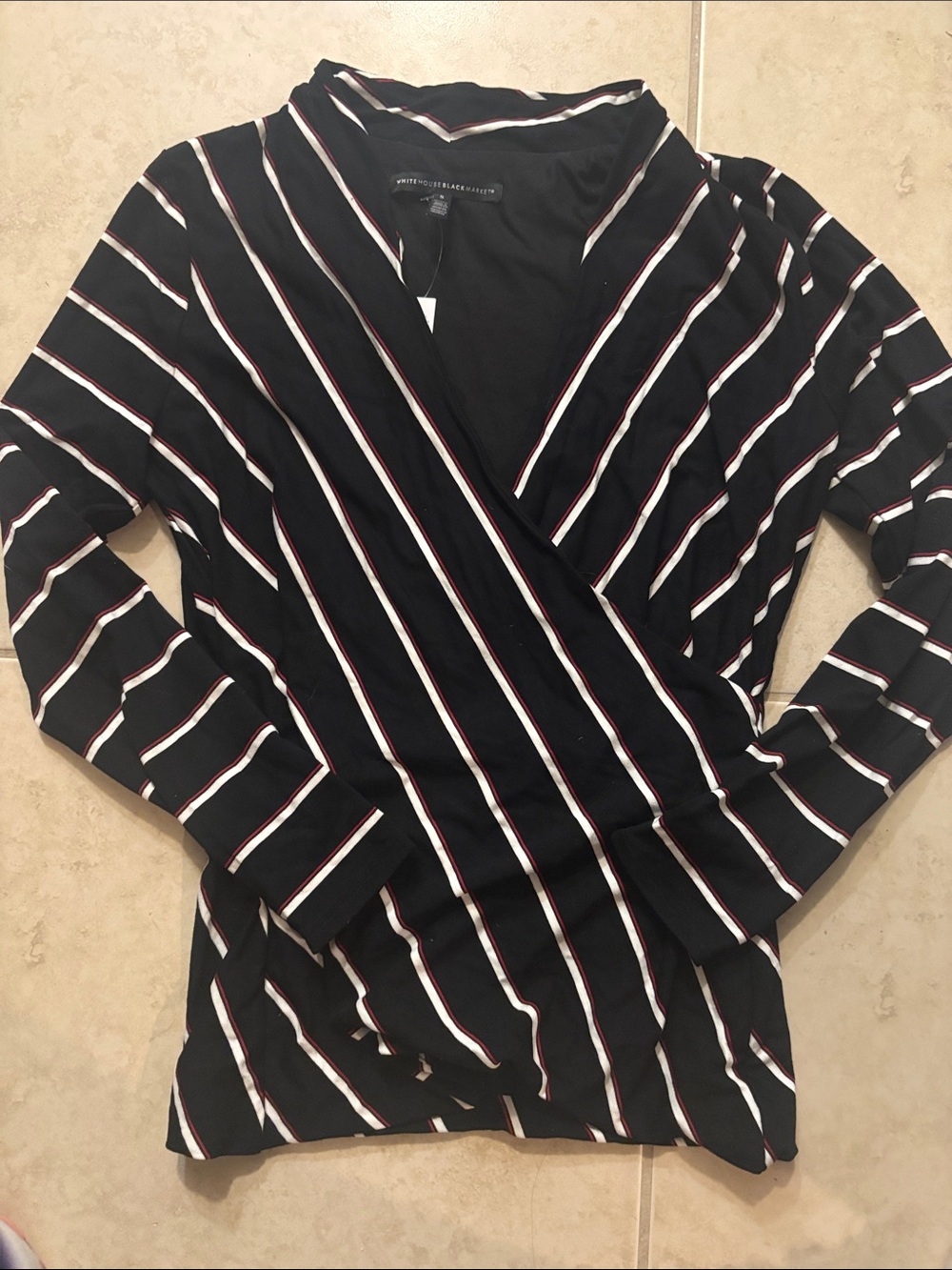 White House Black Market Black Striped Wrap Top